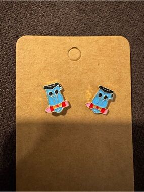 Blue Owl Pencil Stud Earrings with Pink and Red Accents